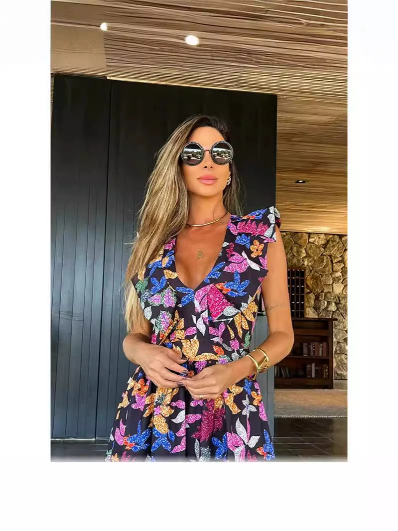 Sleeveless Deep V-Neck Tiered Maxi Dress with Ruffle Shoulders view 3