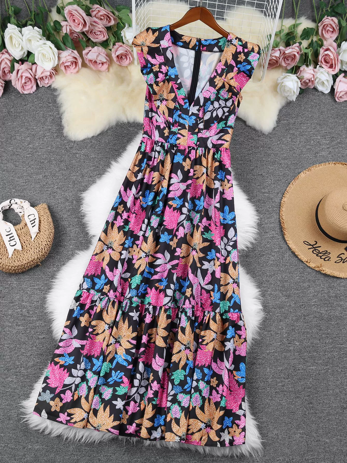 Sleeveless Deep V-Neck Tiered Maxi Dress with Ruffle Shoulders view 4