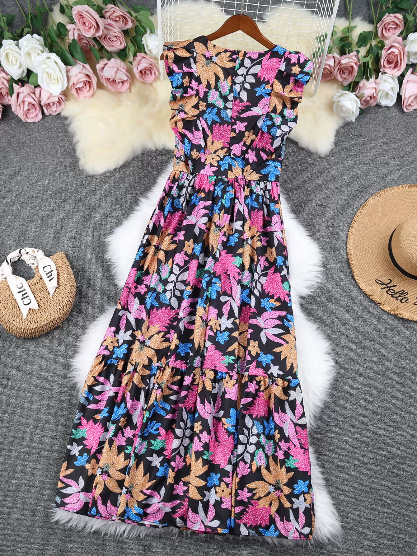 Sleeveless Deep V-Neck Tiered Maxi Dress with Ruffle Shoulders view 5