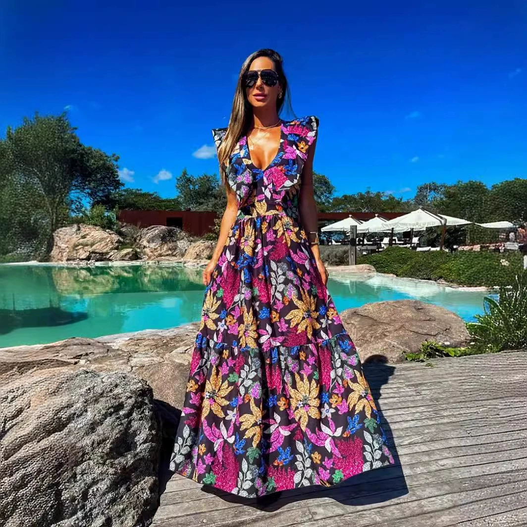 Sleeveless Deep V-Neck Tiered Maxi Dress with Ruffle Shoulders view 6