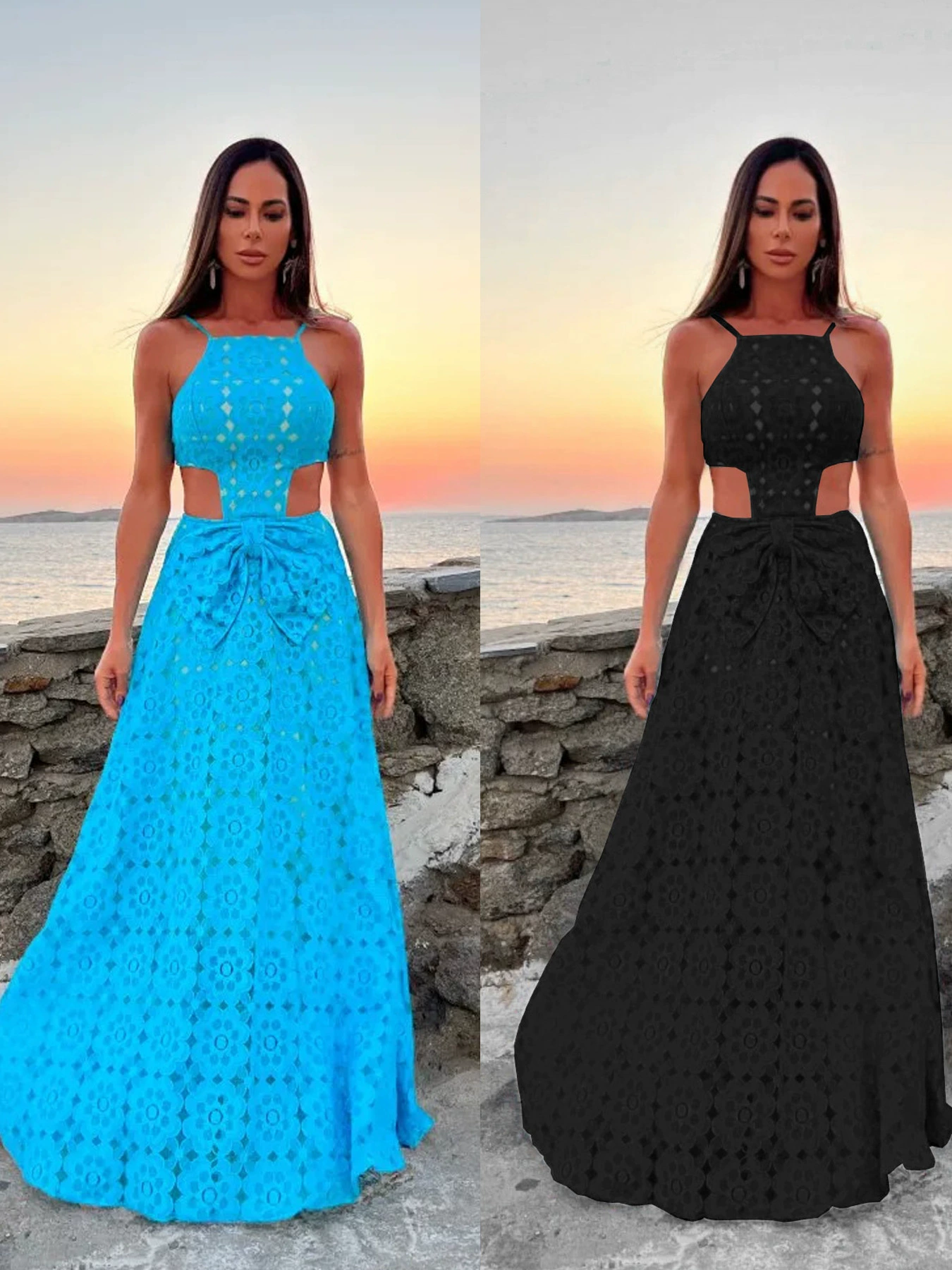 Halter Neck Cutout Waist Maxi Dress with Tie Back