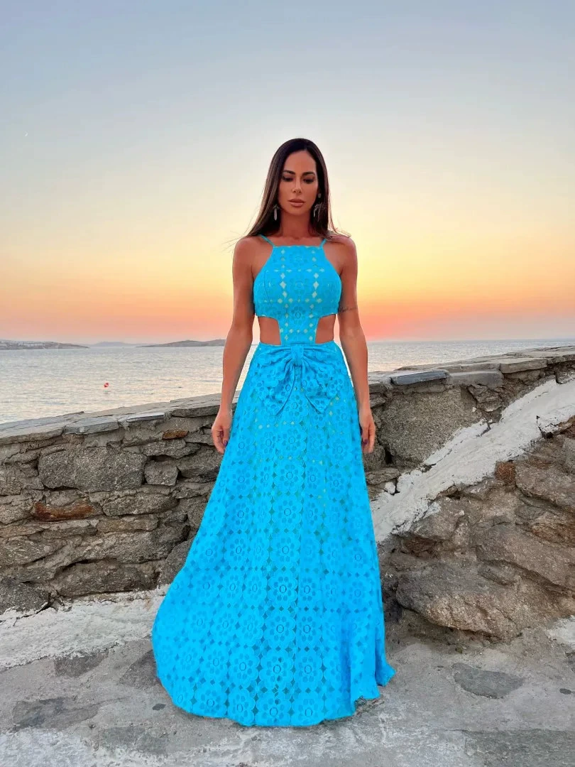 Halter Neck Cutout Waist Maxi Dress with Tie Back