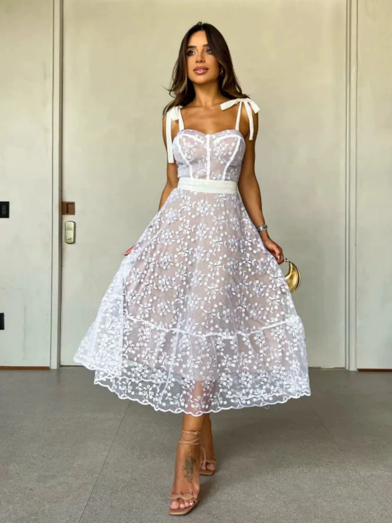 Tie Strap Bustier Midi Dress with Tiered Skirt