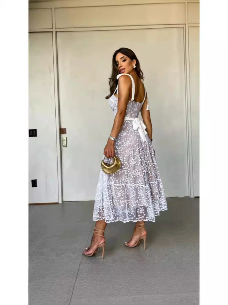 Tie Strap Bustier Midi Dress with Tiered Skirt