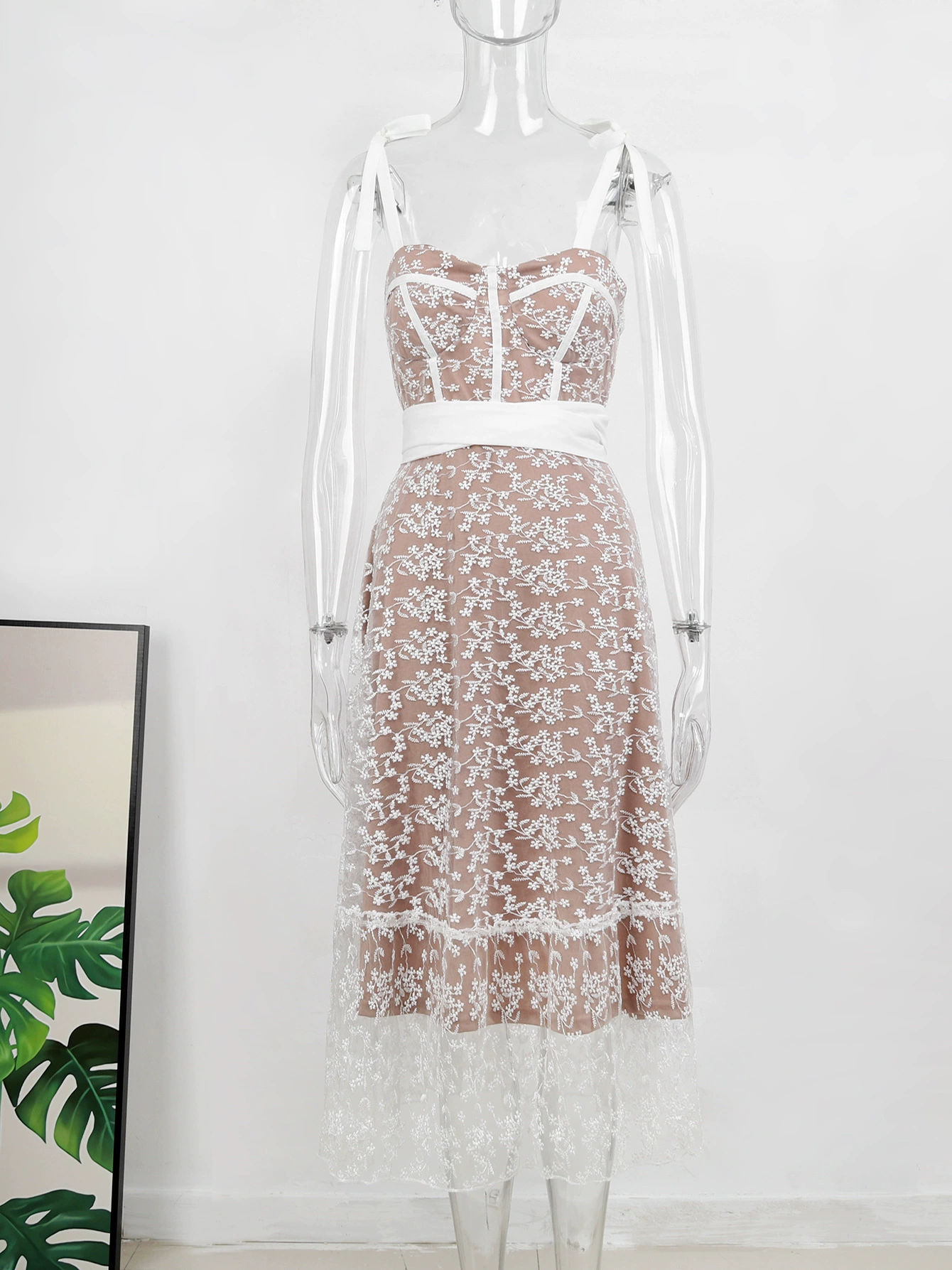 Tie Strap Bustier Midi Dress with Tiered Skirt view 3