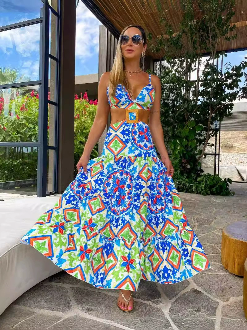 Spaghetti Strap Cutout Waist Two-Piece Maxi Skirt Set