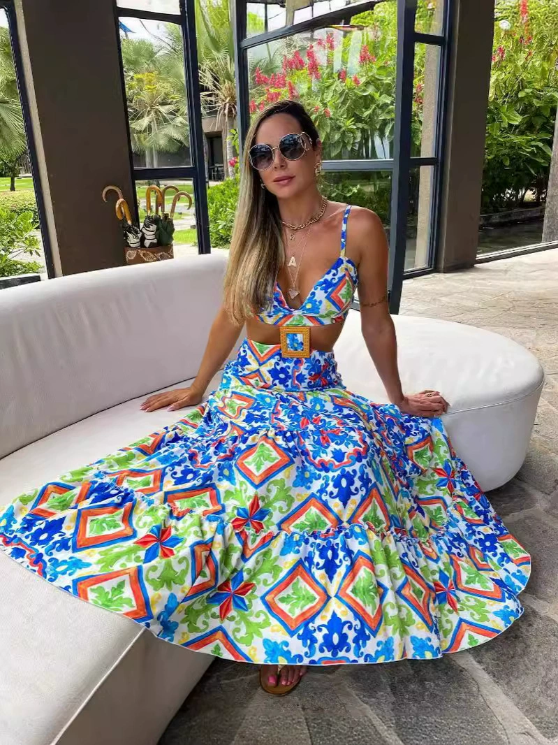 Spaghetti Strap Cutout Waist Two-Piece Maxi Skirt Set