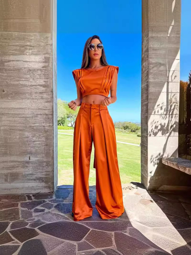 Sleeveless Crop Top and Wide-Leg Pants Two-Piece Set