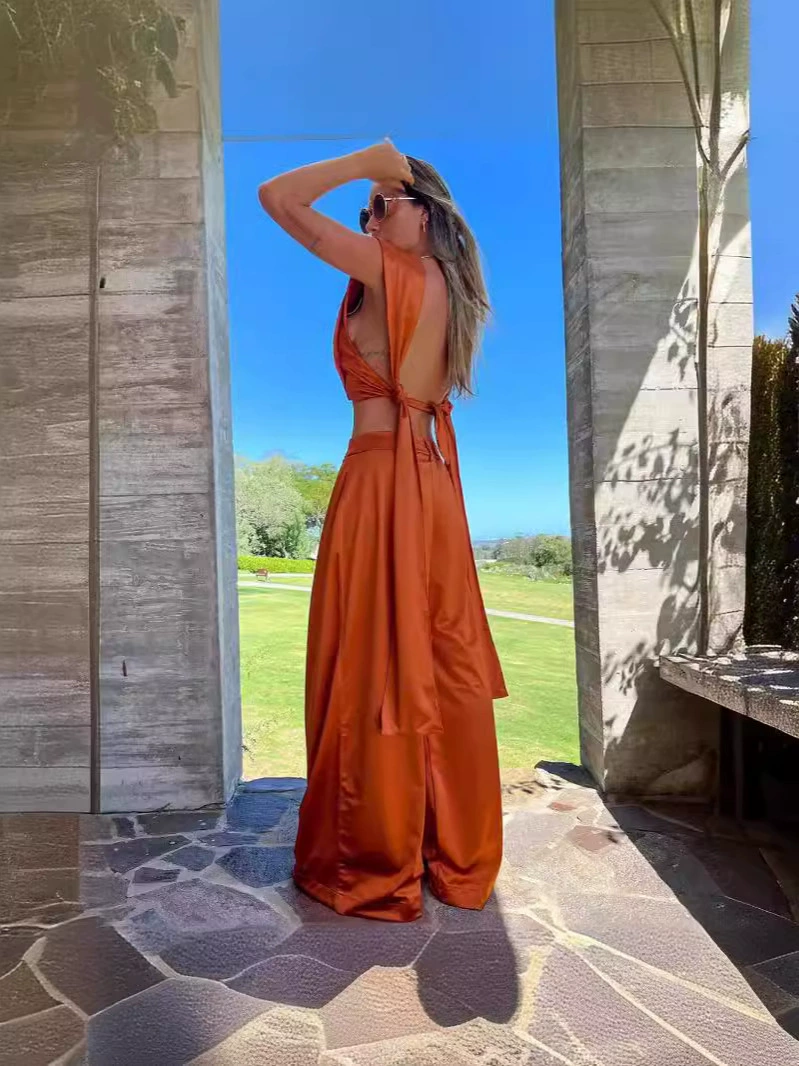 Sleeveless Crop Top and Wide-Leg Pants Two-Piece Set