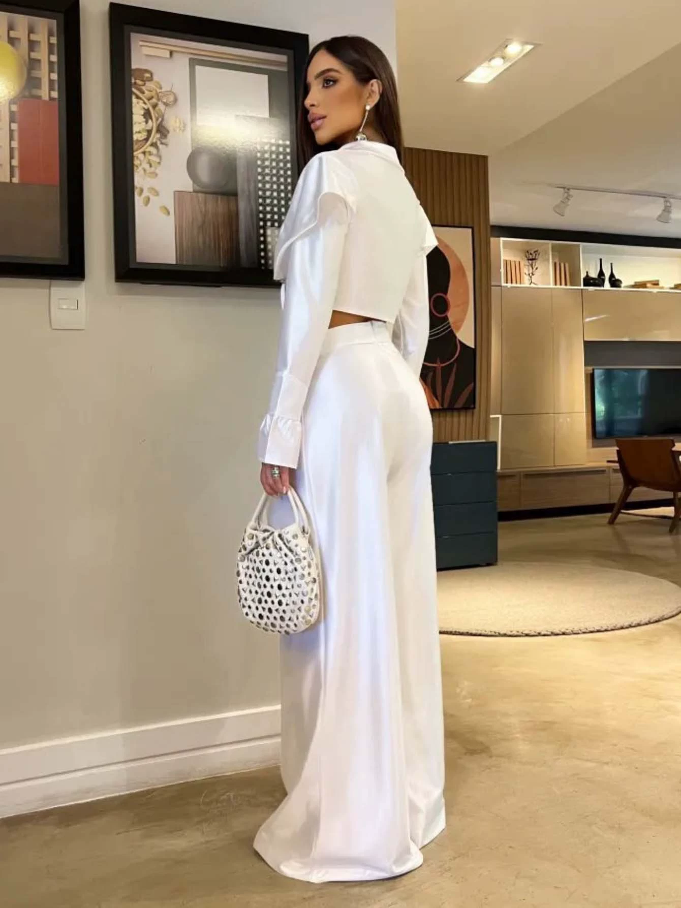 Long Sleeve V-Neck Crop Top and Wide Leg Pants Set view 3