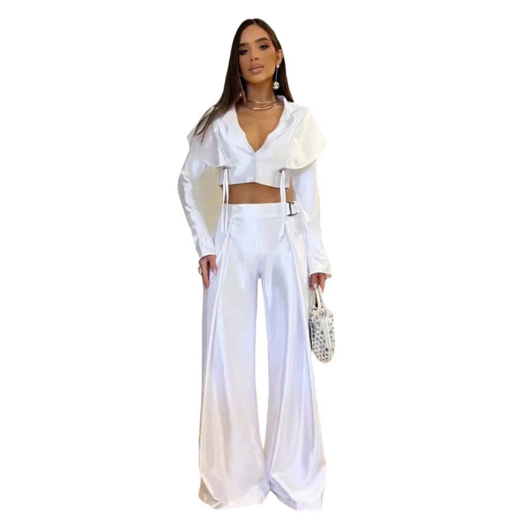 Long Sleeve V-Neck Crop Top and Wide Leg Pants Set view 6