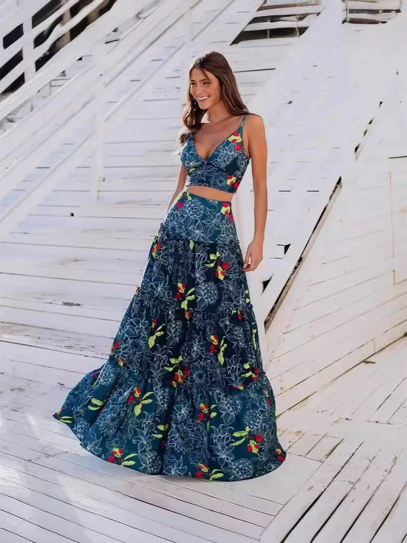 Two-Piece Deep V-Neck Top and Tiered Maxi Skirt Set