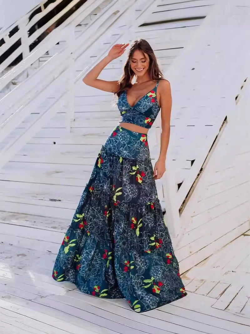 Two-Piece Deep V-Neck Top and Tiered Maxi Skirt Set