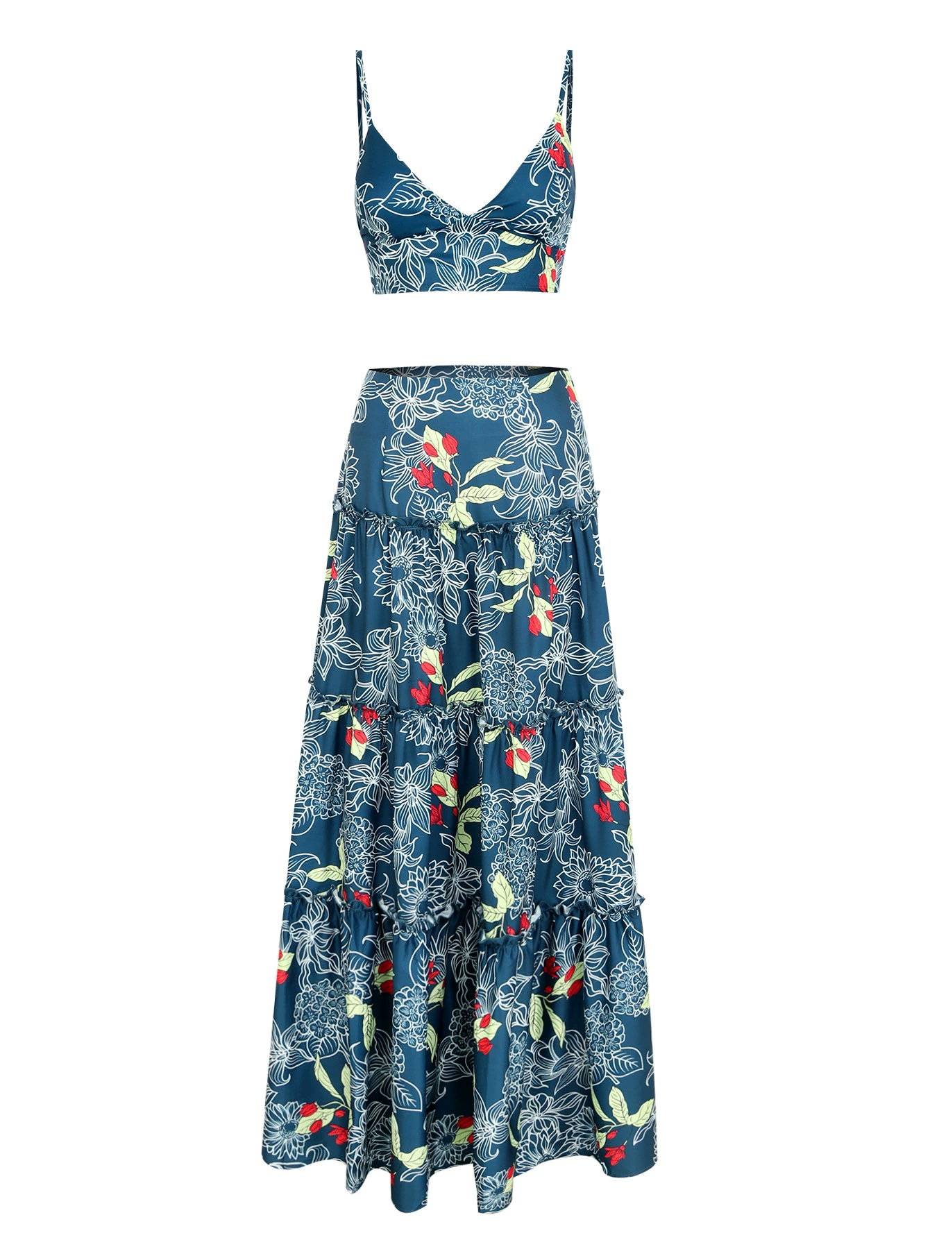 Two-Piece Deep V-Neck Top and Tiered Maxi Skirt Set view 4