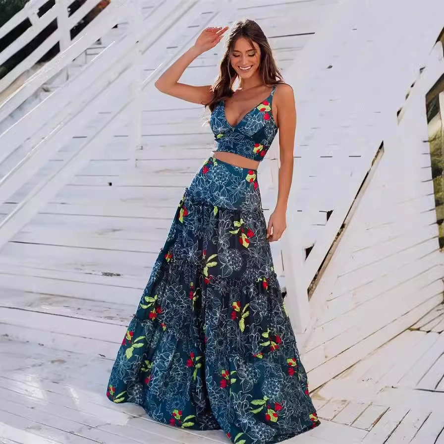 Two-Piece Deep V-Neck Top and Tiered Maxi Skirt Set view 6