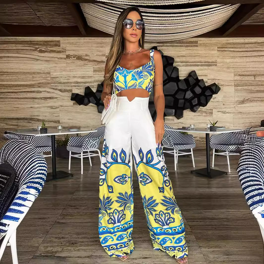 Women's Spaghetti Strap Crop Top and High-Waist Wide-Leg Pants Set view 6