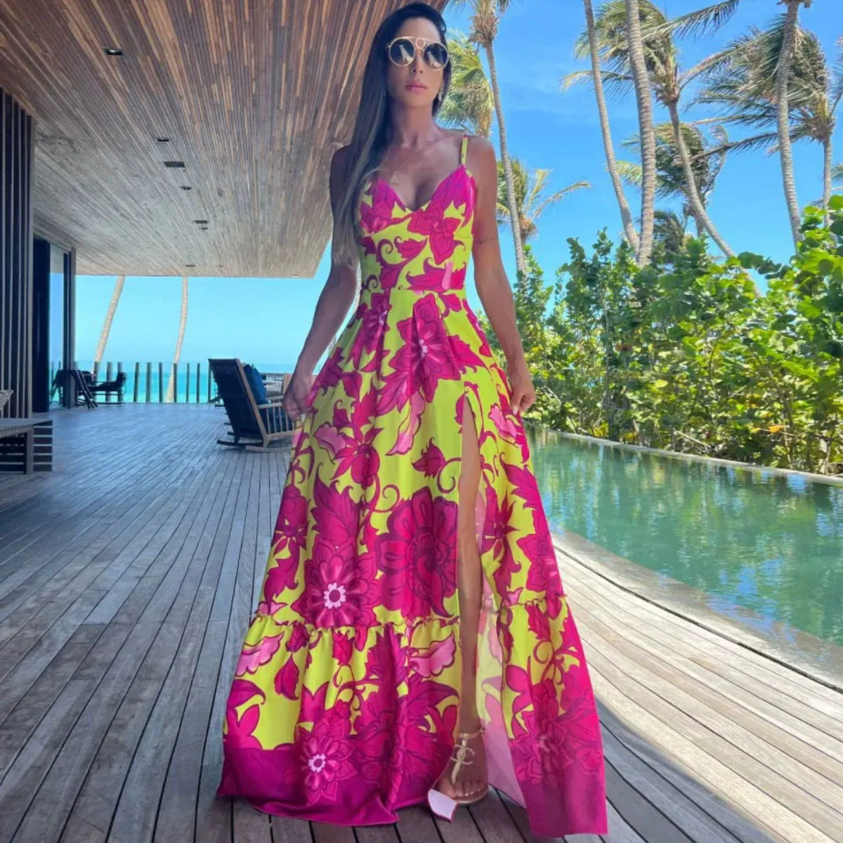 Spaghetti Strap V-Neck Maxi Dress with Built-in Cups and Front Slit