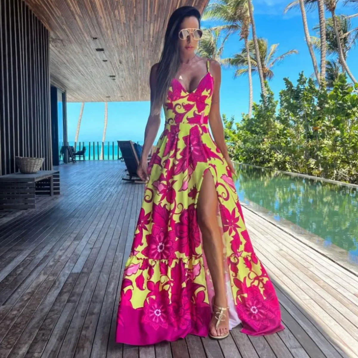 Spaghetti Strap V-Neck Maxi Dress with Built-in Cups and Front Slit