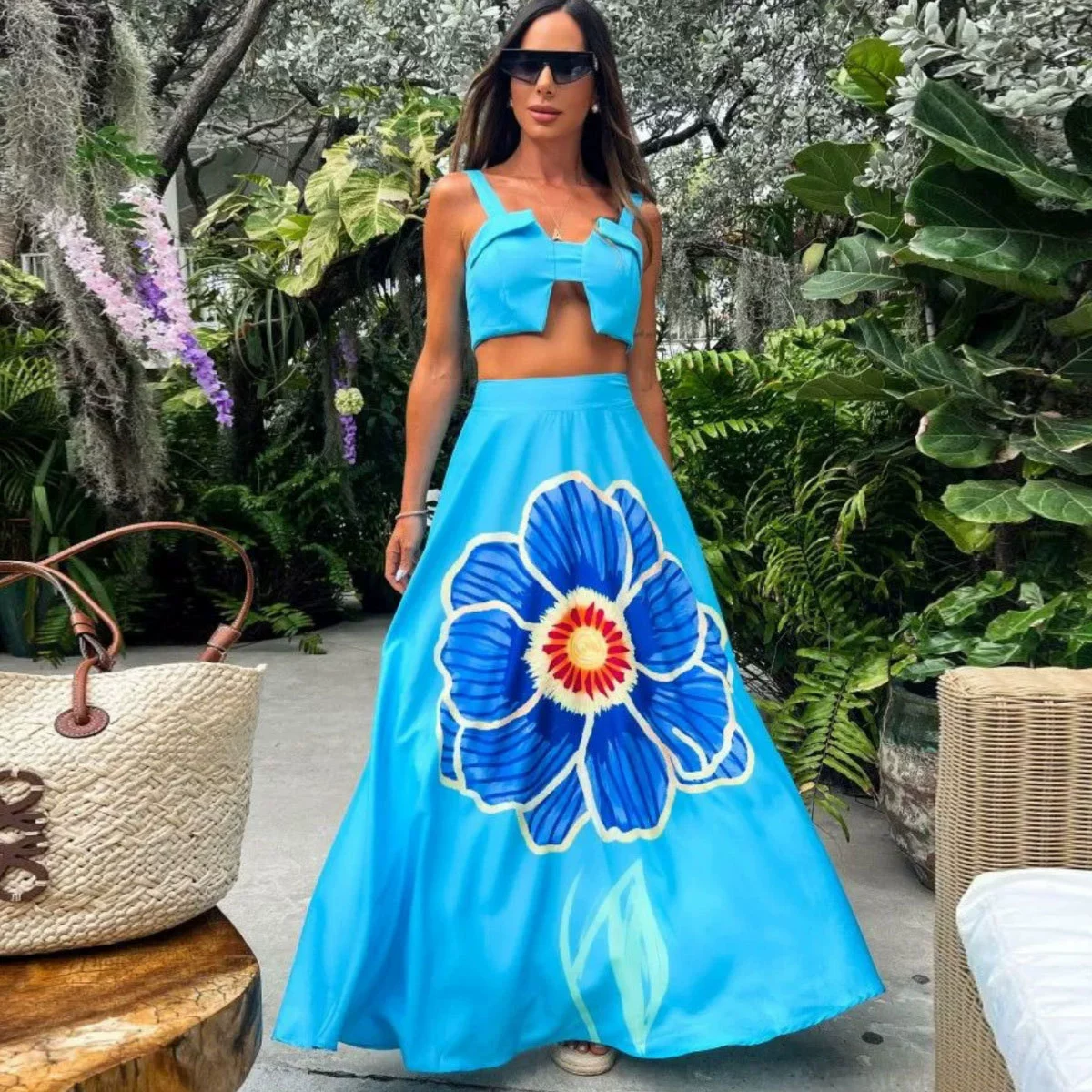 Two-Piece Collared Crop Top and Maxi Skirt Set view 4