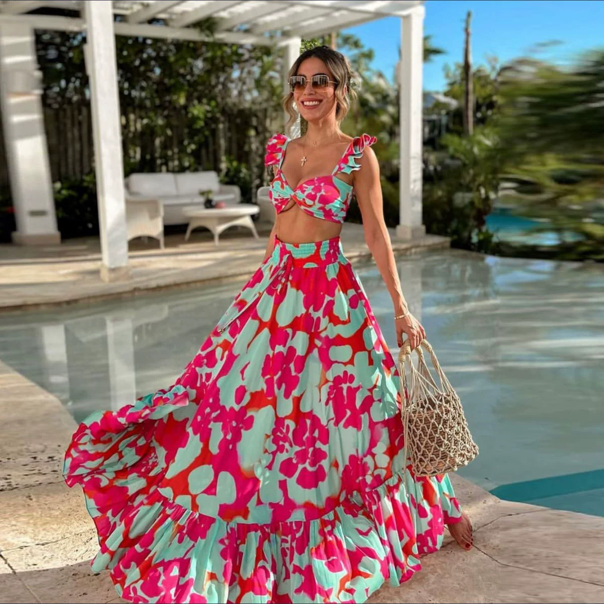 Two-Piece Sleeveless Crop Top and Maxi Skirt Set