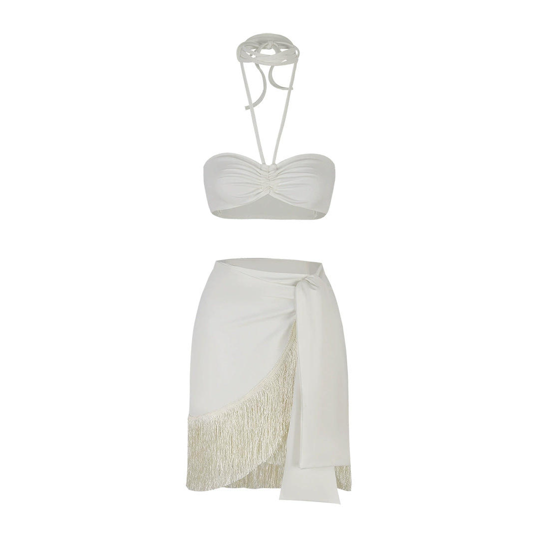 Two-Piece Halter Bandeau Top and Fringe Mini Skirt Set view 5