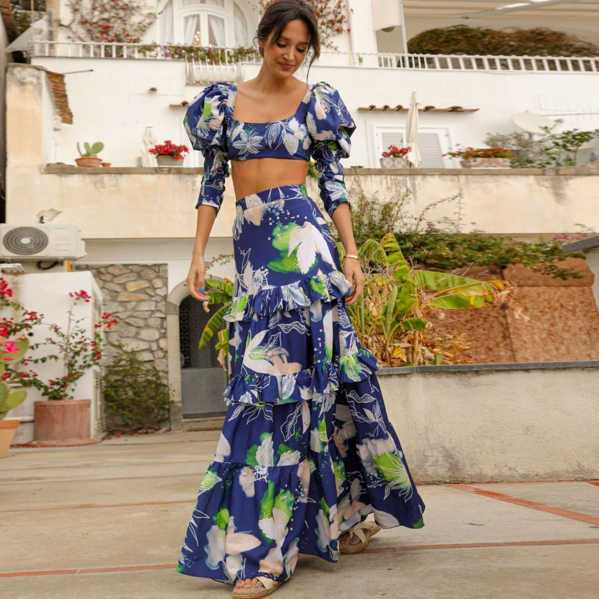 Square Neck Puff Sleeve Crop Top and Tiered Maxi Skirt Set