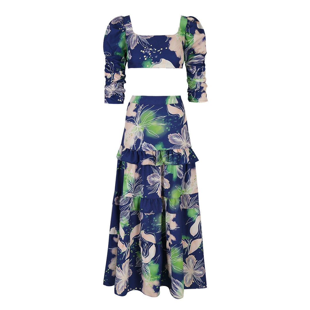 Square Neck Puff Sleeve Crop Top and Tiered Maxi Skirt Set