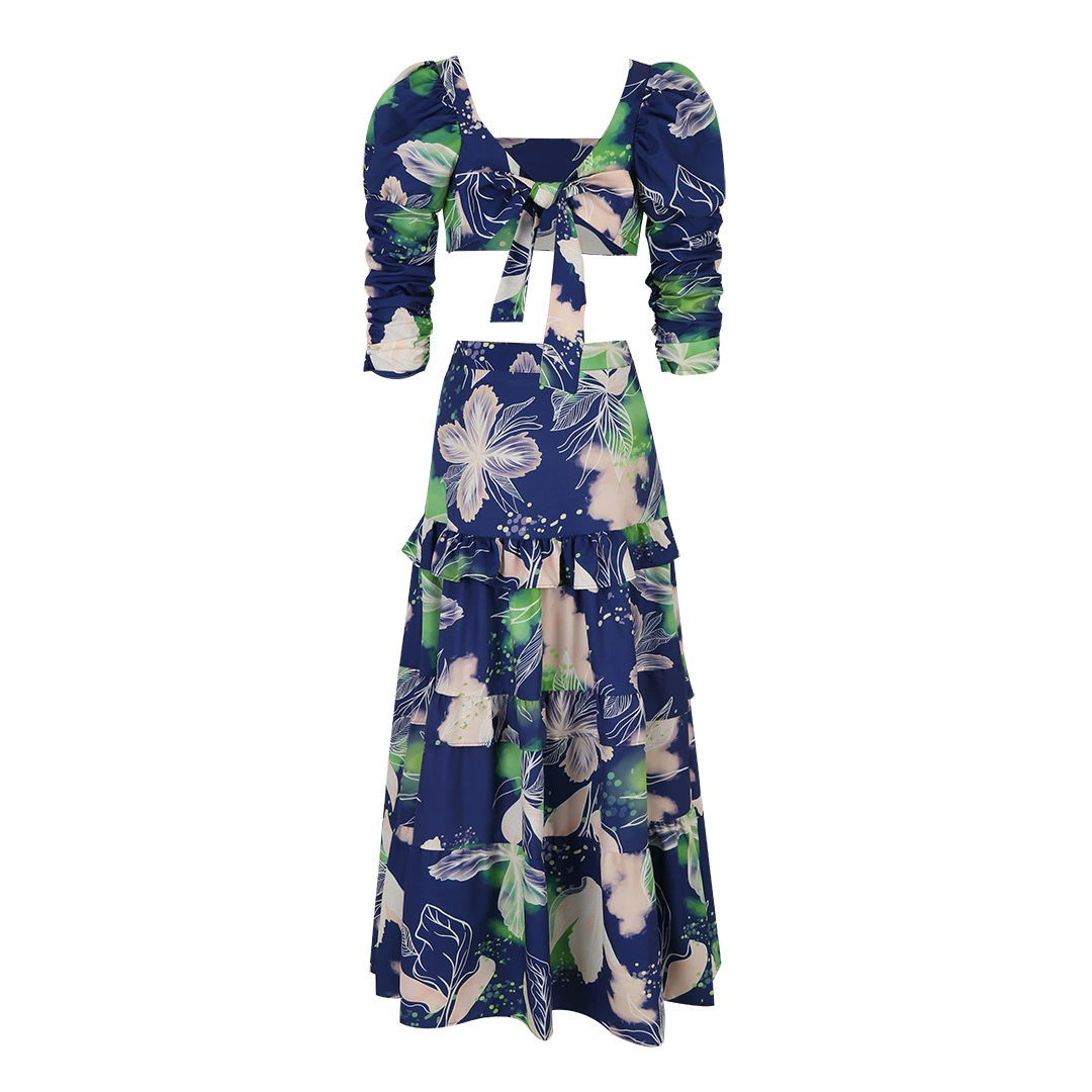 Square Neck Puff Sleeve Crop Top and Tiered Maxi Skirt Set view 3