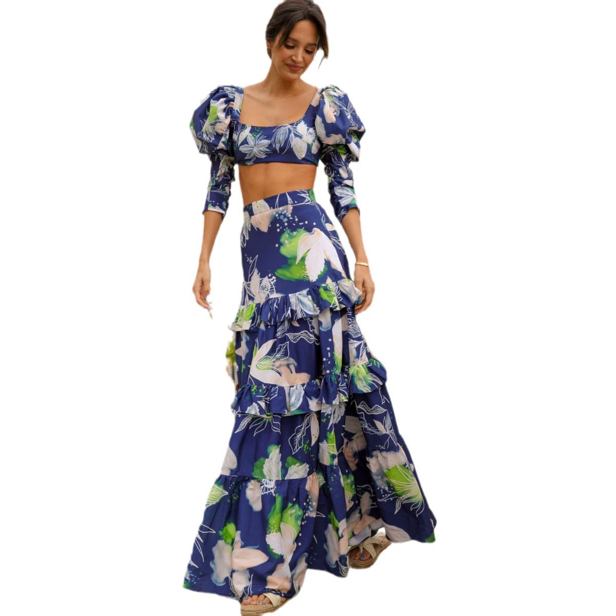 Square Neck Puff Sleeve Crop Top and Tiered Maxi Skirt Set view 5