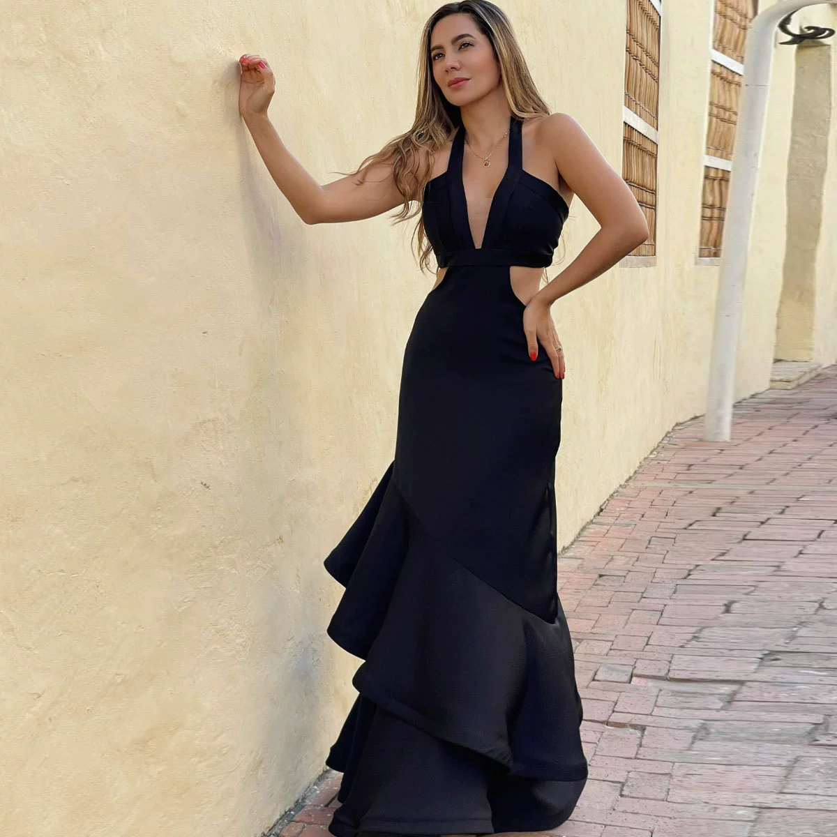 Halter Neck Cutout Waist Ruffle Hem Maxi Dress view 4