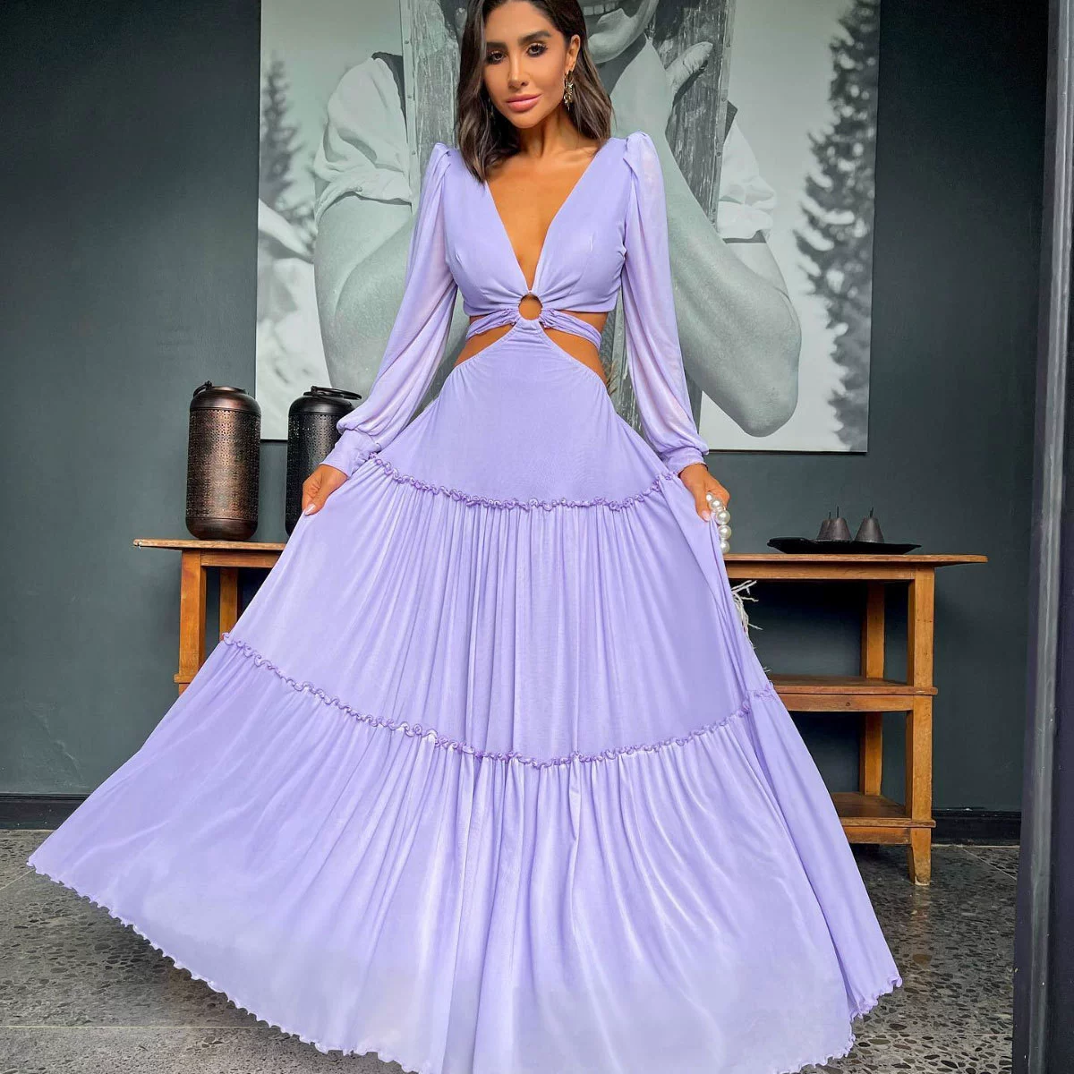 Plunging V-Neck Cutout Tiered Maxi Dress