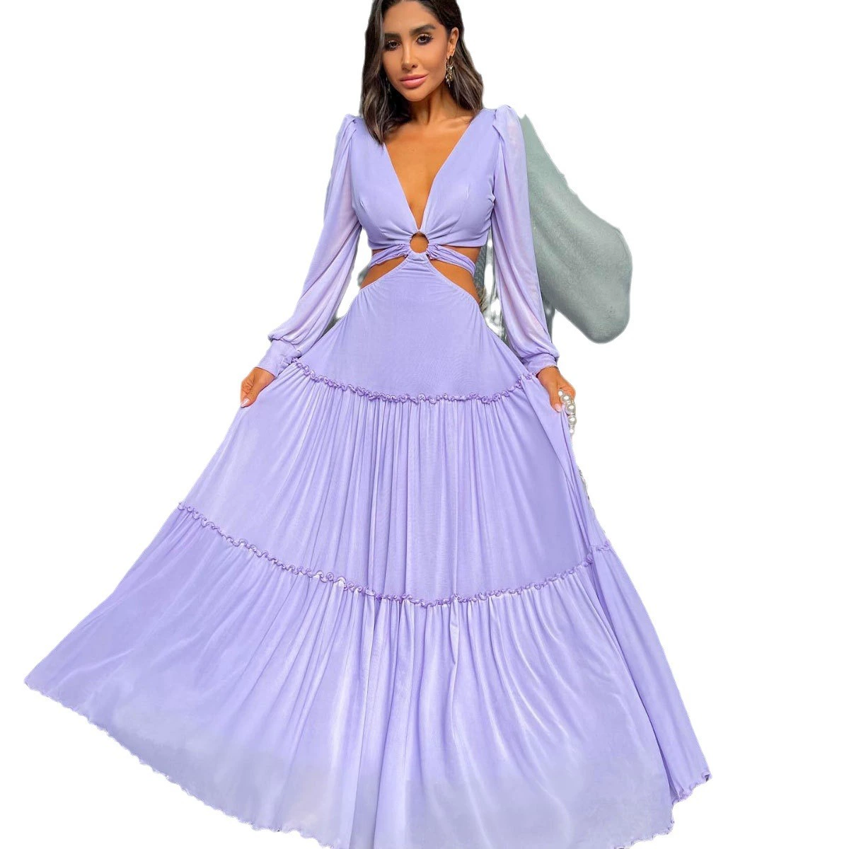 Plunging V-Neck Cutout Tiered Maxi Dress view 3
