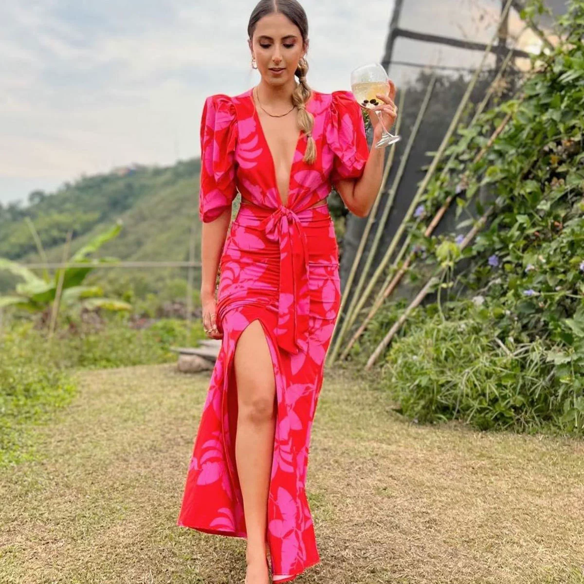 Two-Piece Deep V-Neck Puff Sleeve Top and Slit Skirt Set