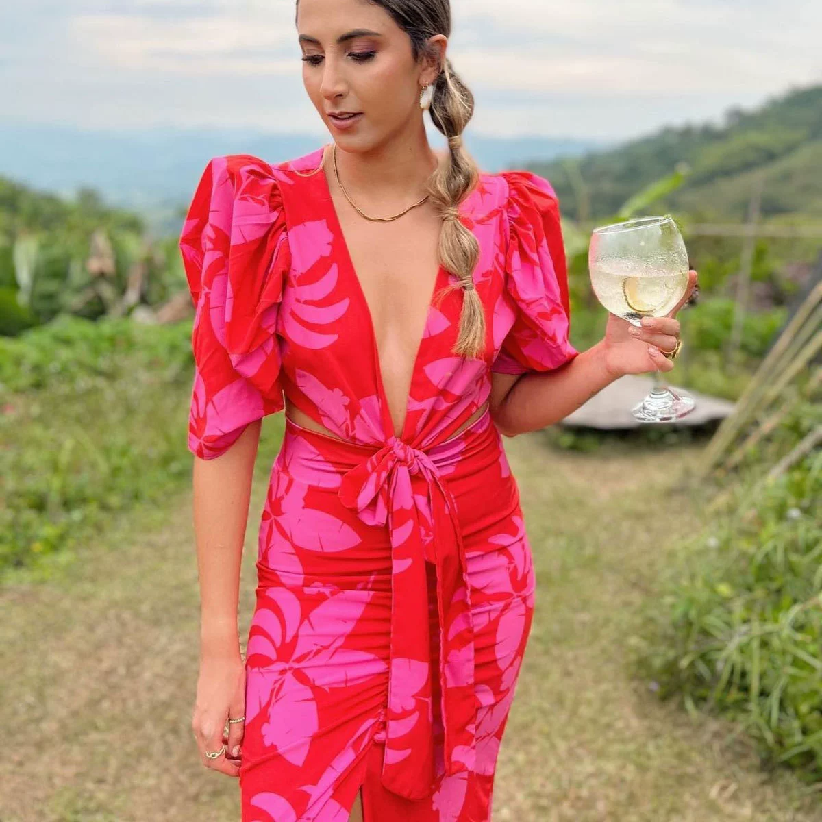 Two-Piece Deep V-Neck Puff Sleeve Top and Slit Skirt Set