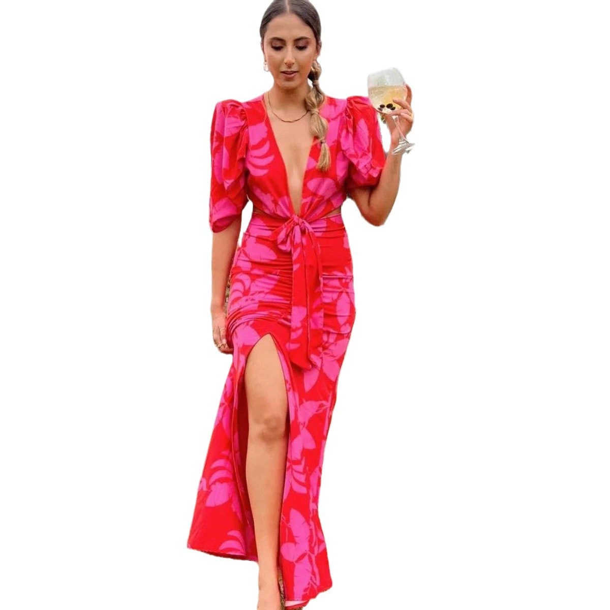 Two-Piece Deep V-Neck Puff Sleeve Top and Slit Skirt Set view 5