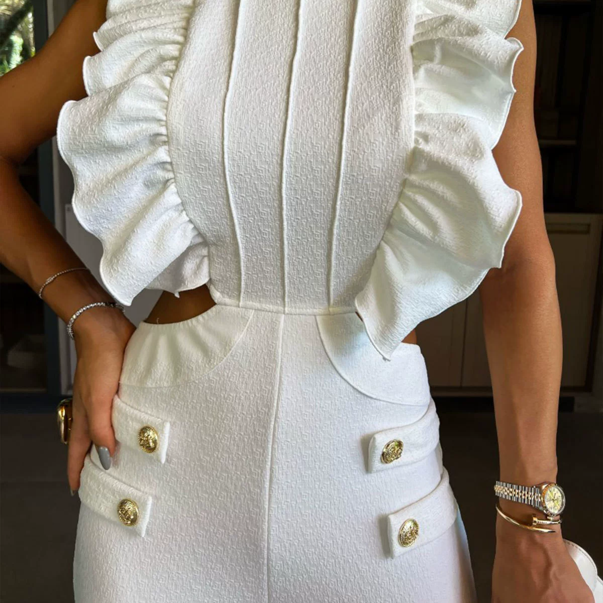 Ruffled Sleeveless High Neck Wide-Leg Jumpsuit with Cutout Waist view 4