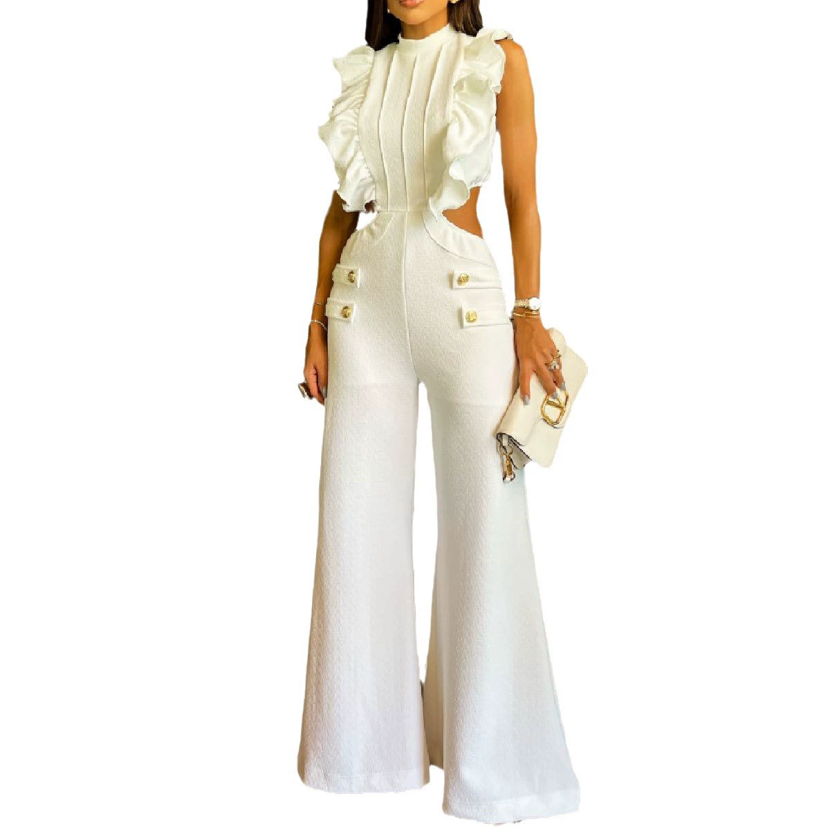 Ruffled Sleeveless High Neck Wide-Leg Jumpsuit with Cutout Waist view 5