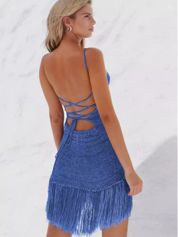 Halter Backless Mini Dress with Ring Cutouts and Fringe