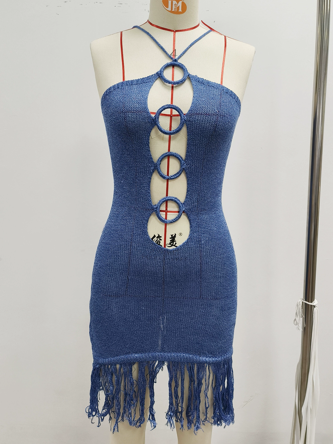 Halter Backless Mini Dress with Ring Cutouts and Fringe view 4