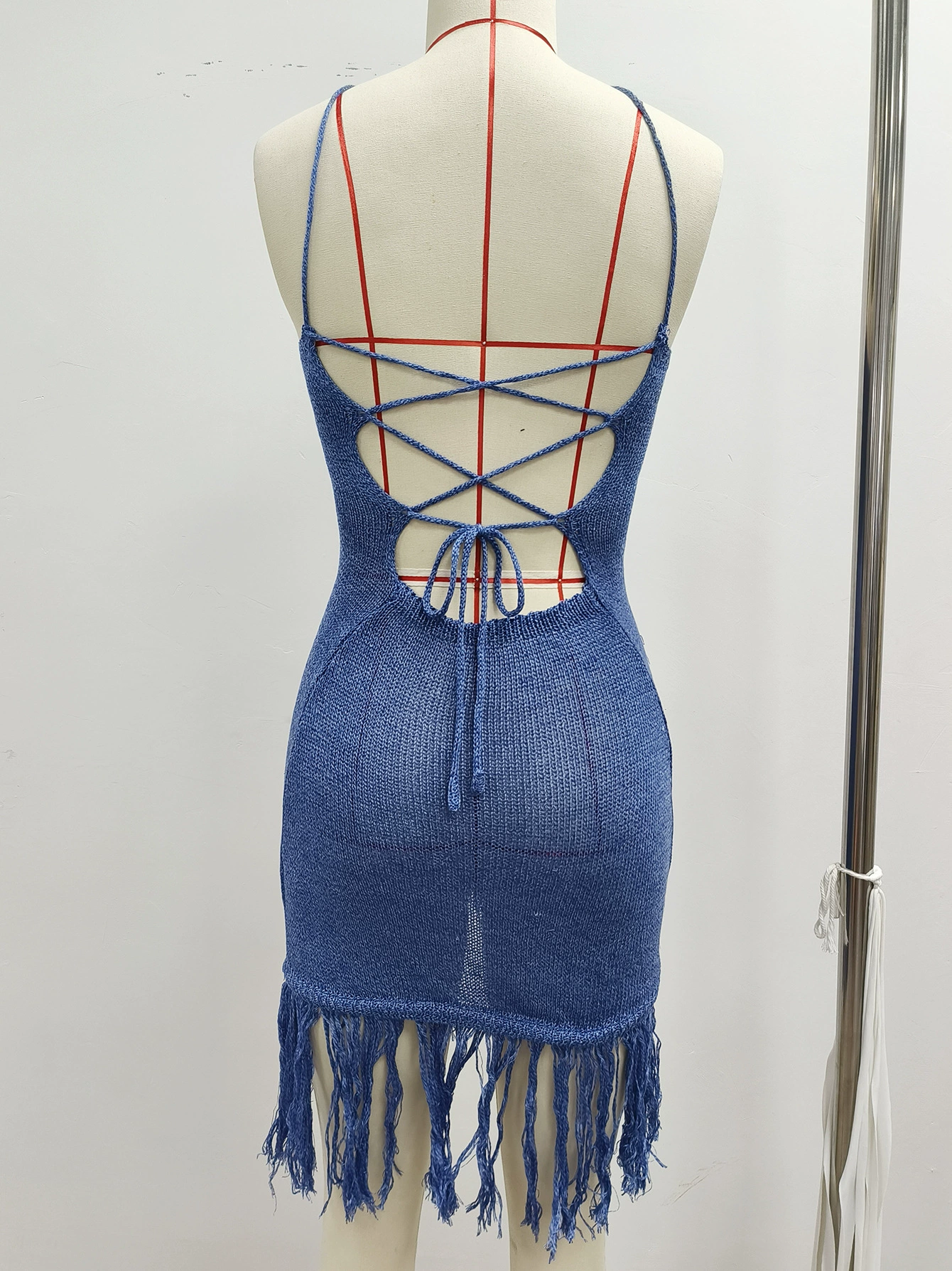 Halter Backless Mini Dress with Ring Cutouts and Fringe view 5