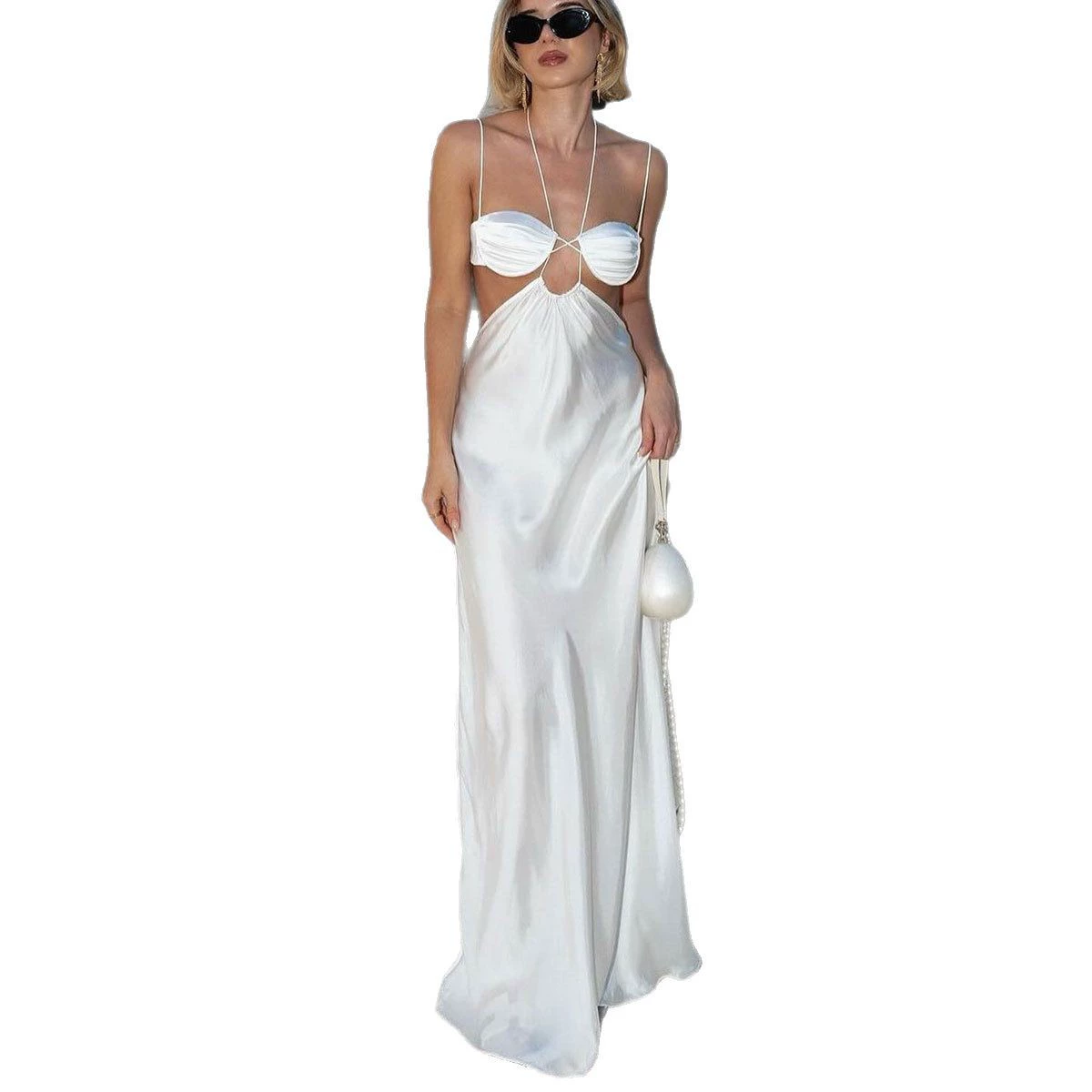 Women's Halter Neck Cutout Maxi Dress with Spaghetti Straps view 5