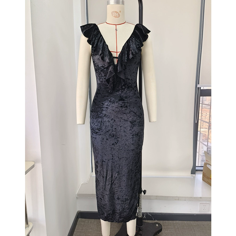 V-Neck Ruffle Trim Sleeveless Long Dress
