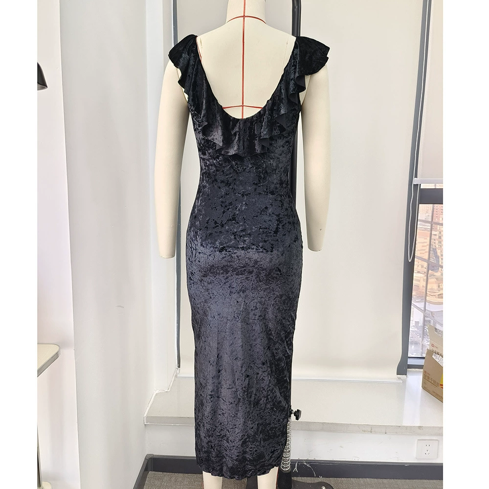 V-Neck Ruffle Trim Sleeveless Long Dress