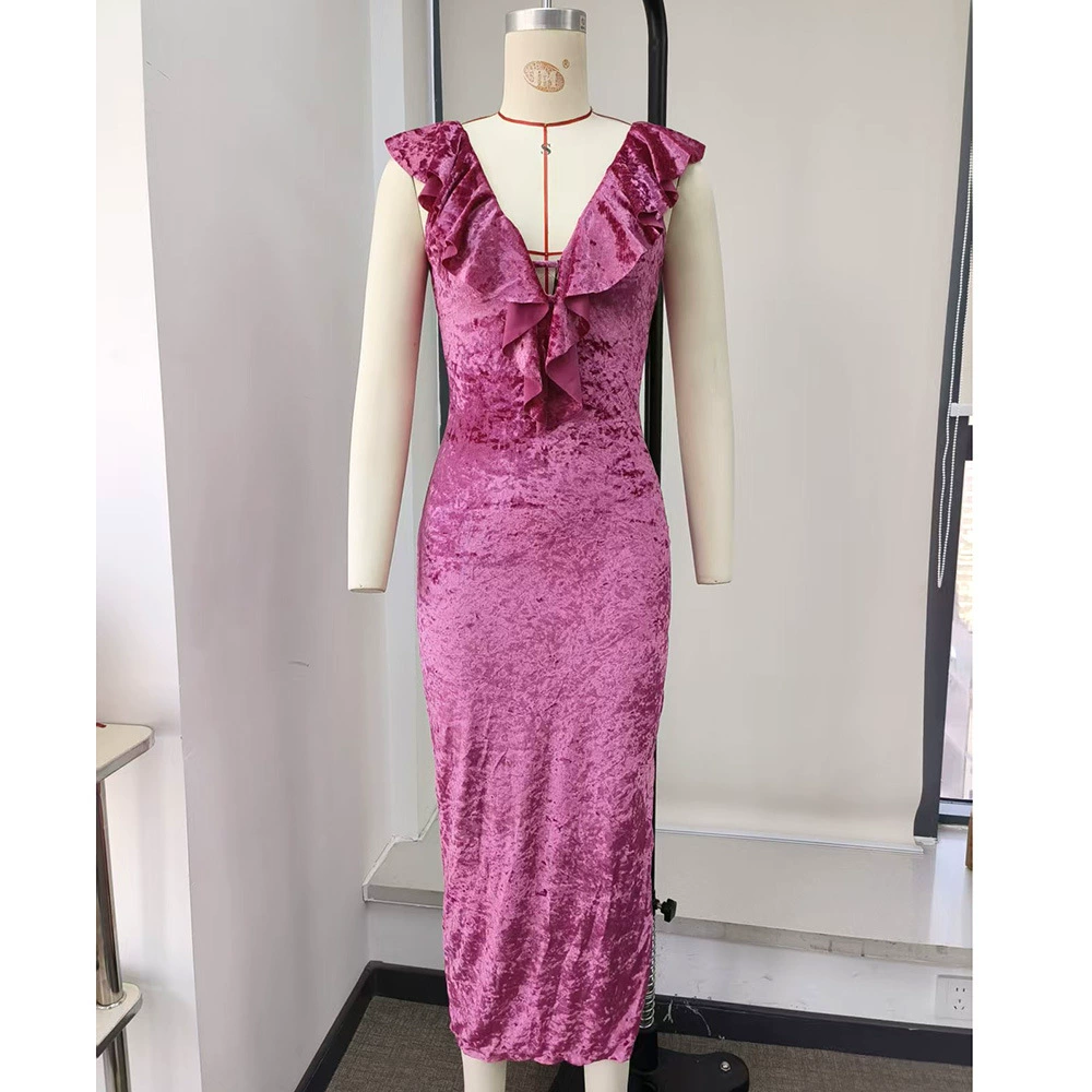 V-Neck Ruffle Trim Sleeveless Long Dress view 3