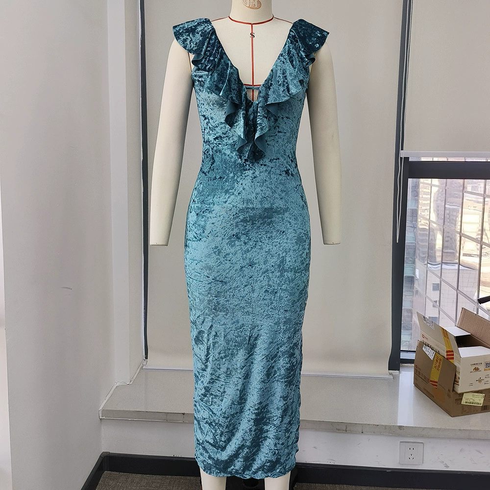 V-Neck Ruffle Trim Sleeveless Long Dress view 6