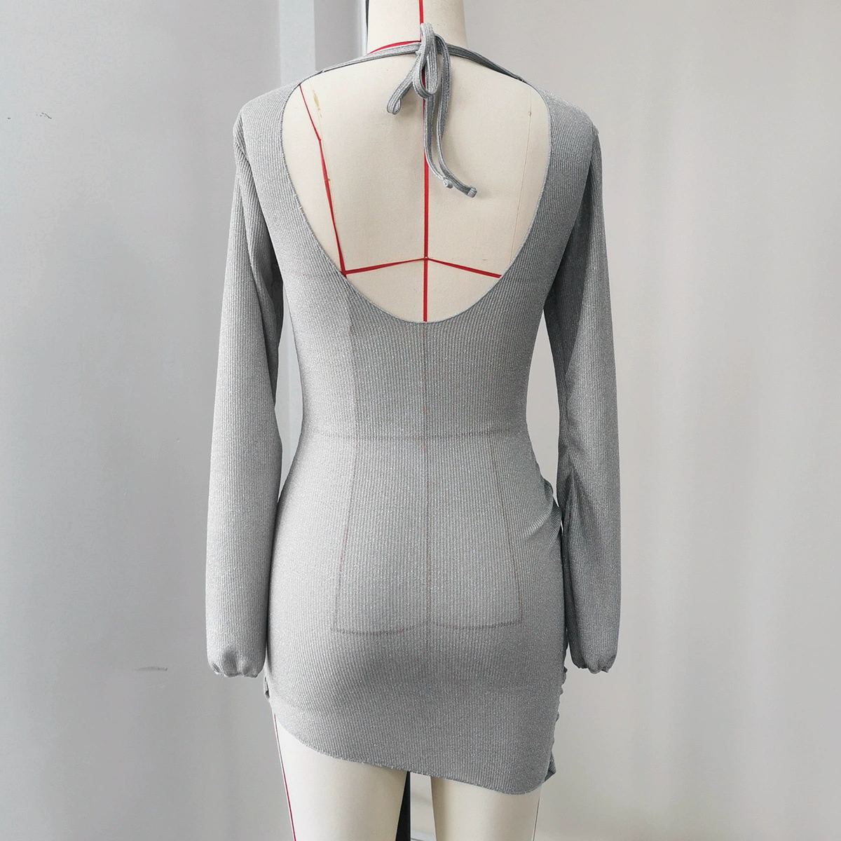 Long Sleeve Backless Ruched Bodycon Mini Dress view 4