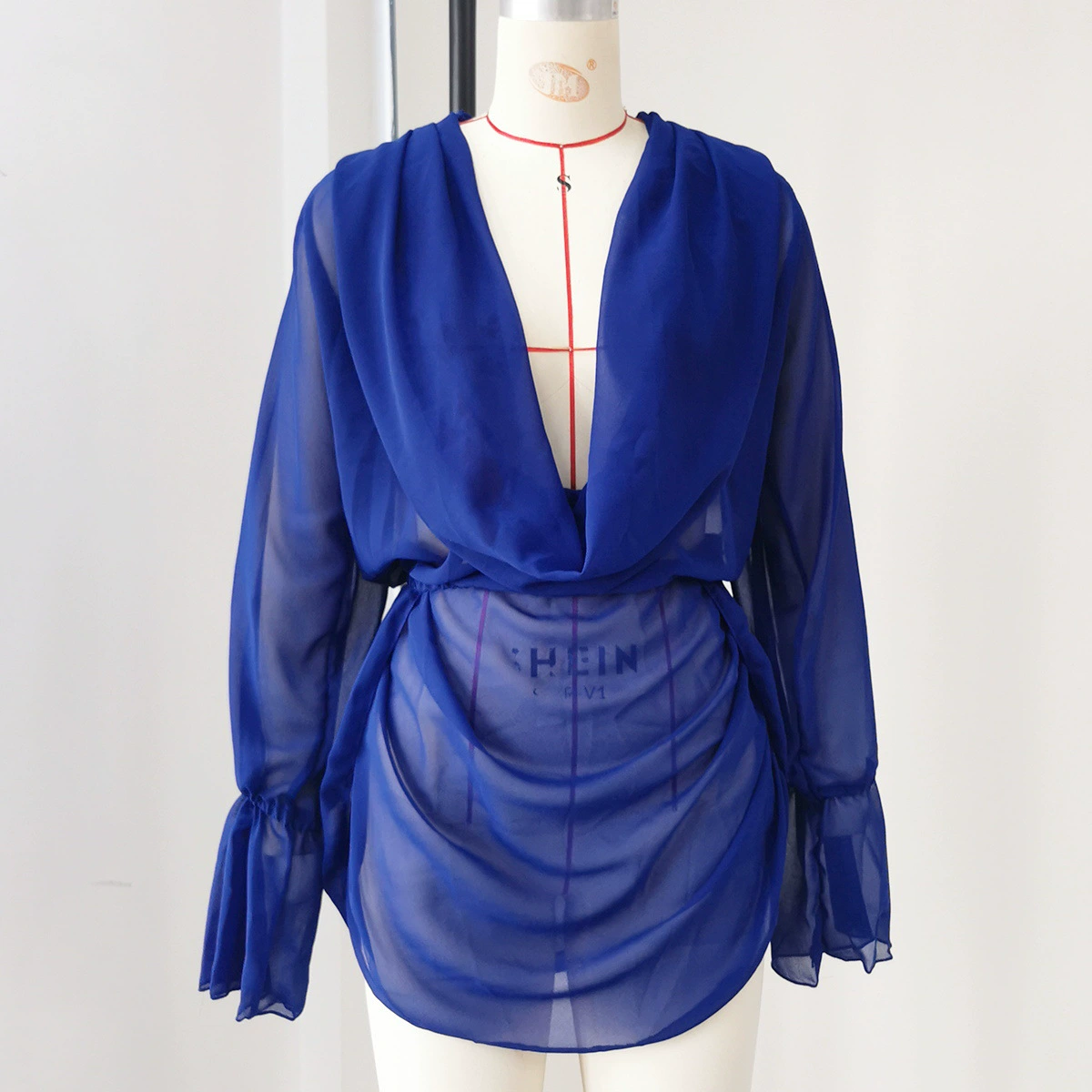 Draped Deep V-Neck Long-Sleeve Cover-Up Dress view 3