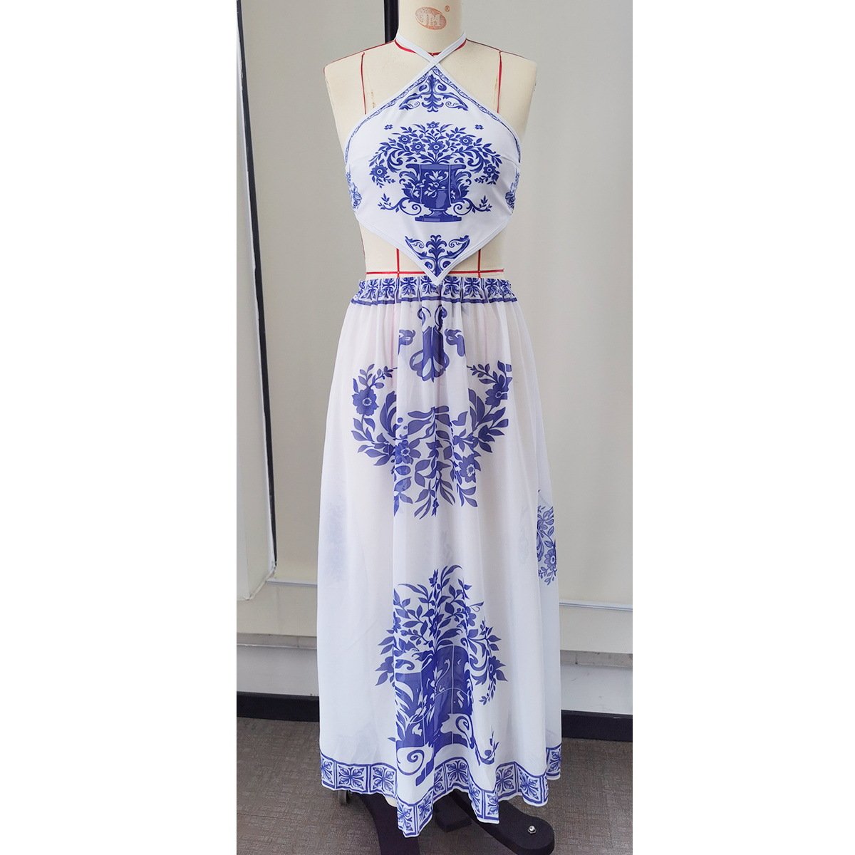 White with blue print