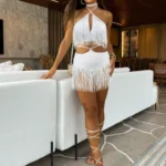 Fringed Halter Top and Mini Skirt Two-Piece Set
