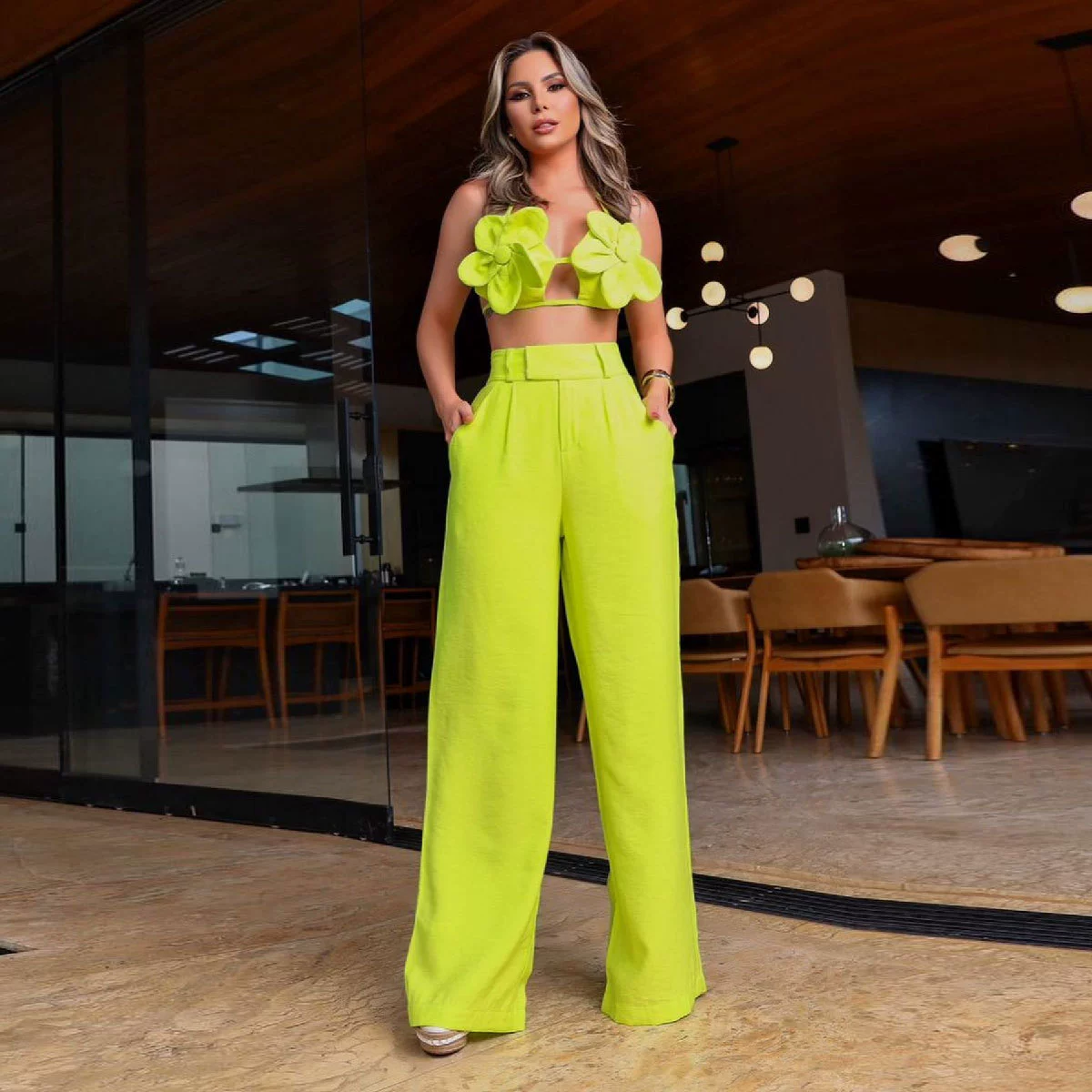 Halter Neck Backless Two Piece Set with Wide Leg Pants view 3